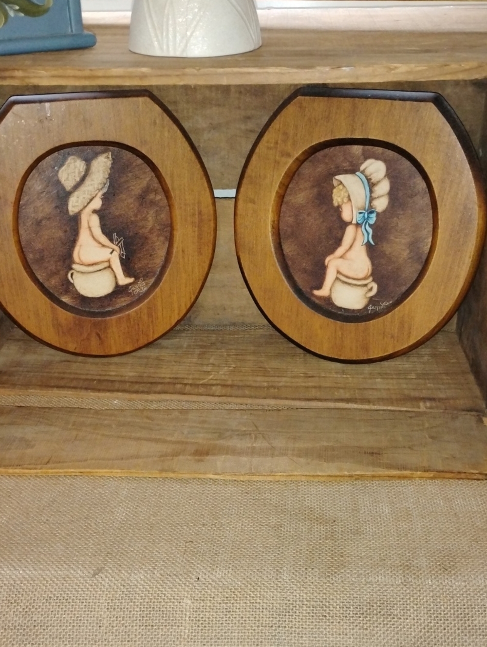 Vintage Pair Framed Girl/Boy Country Portraits in Wood Toilet Bowl Frames Rustic